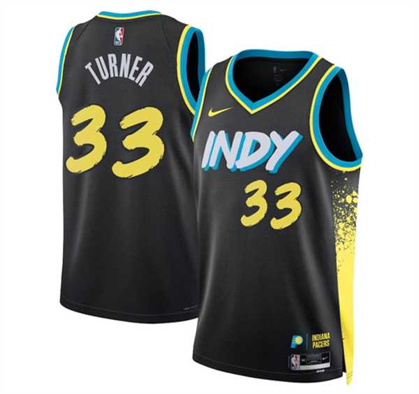 Men%27s Indiana Pacers #33 Myles Turner Black 2023-24 City Edition Stitched Basketball Jersey Dzhi